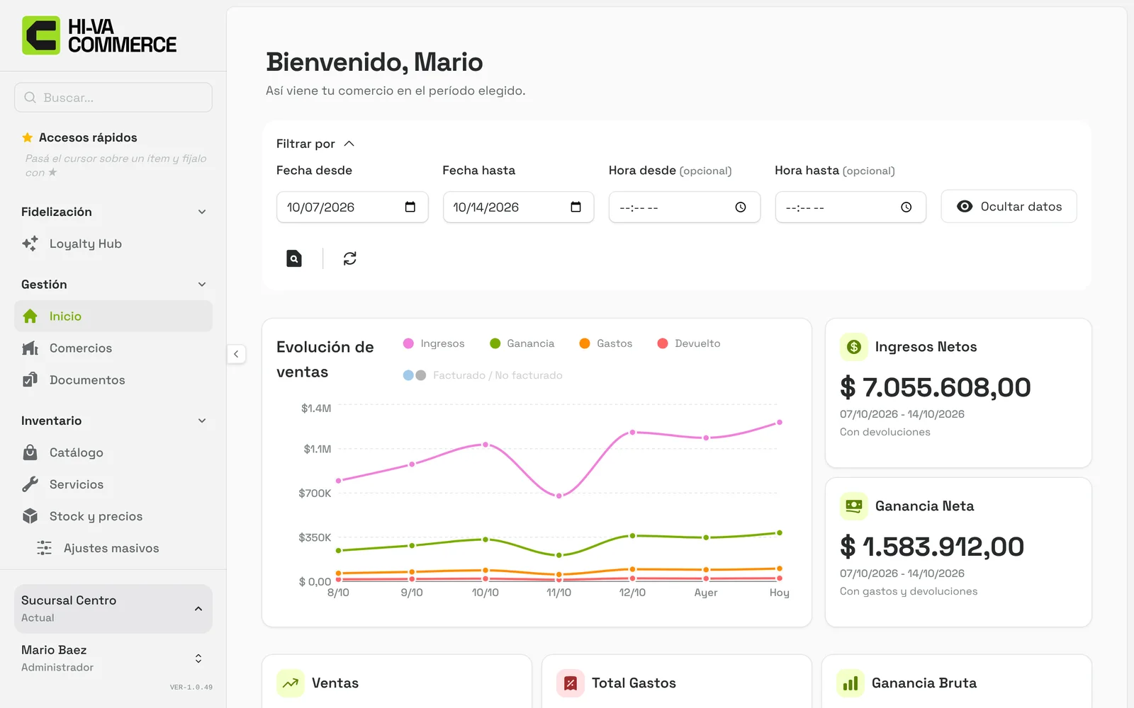 Tablero de inicio de Hi-Va Commerce
